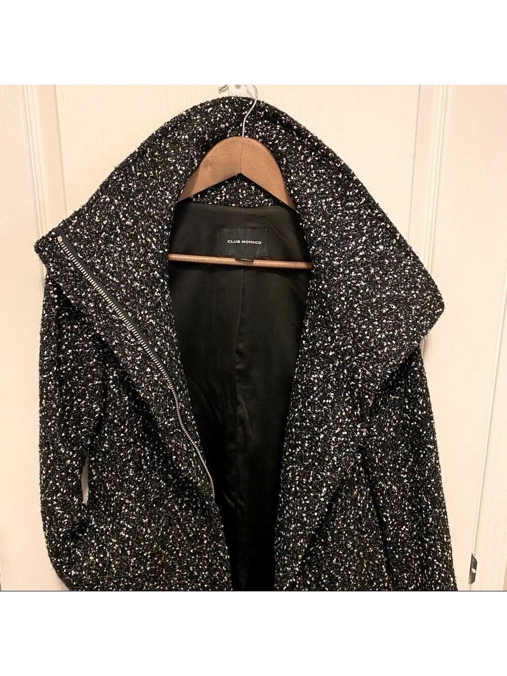 Club Monaco. Tweed Funnel Neck Wool blend coat. Black and white. - Picture 7 of 15